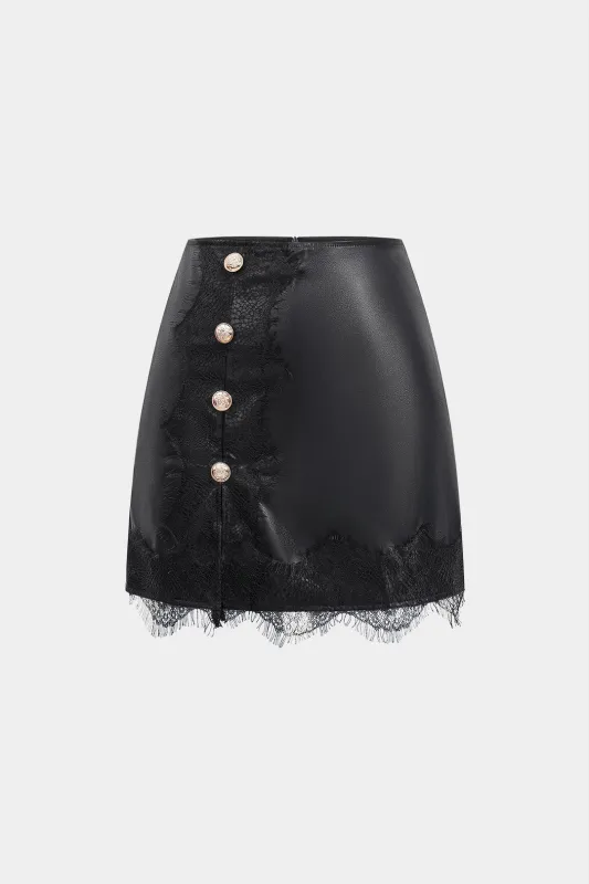 Faux Leather Patchwork Lace Trim Button Mini Skirt sold by Micas