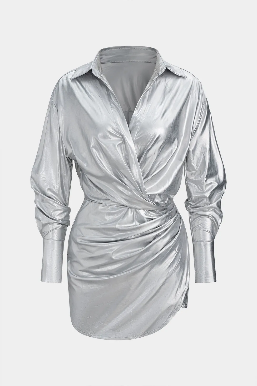 Leather V-Neck Ruched Long Sleeve Mini Dress sold by Micas