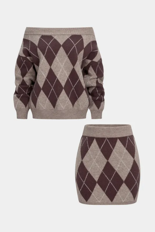 Knit Contrast Diamond Print Off Shoulder Long-Sleeve Top And High Waist Mini Skirt Set sold by Micas
