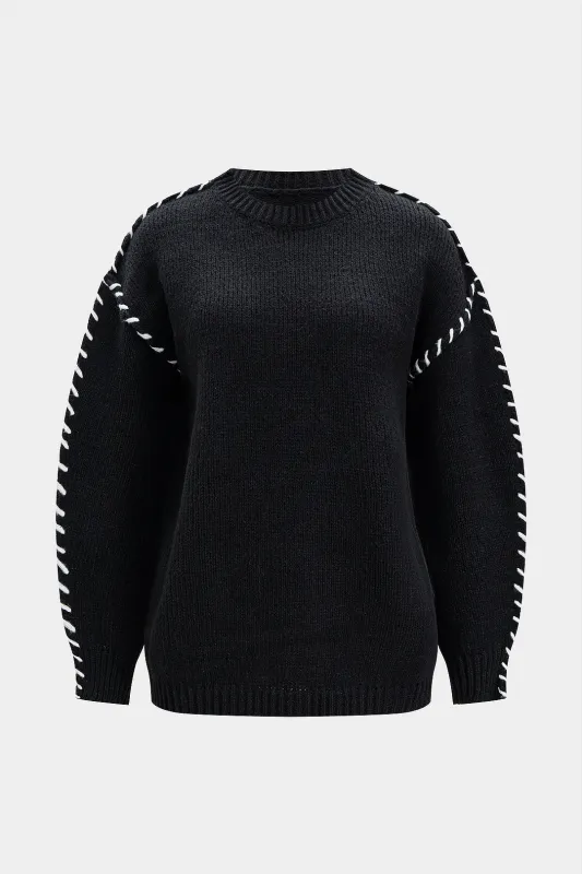 Knit Round Neck Contrast Long-Sleeve Top sold by Micas