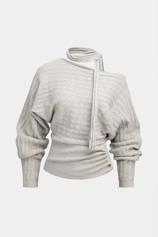 Cable Knit Asymmetrical Button Long-Sleeve Top sold by Micas