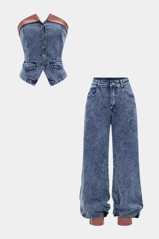 Denim Patchwork Faux Leather Button Tube Top And Jeans Set sold by Micas