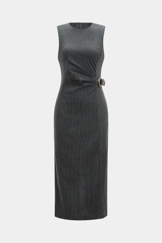 Stripes Print Round Neck Asymmetrical Sleeveless Midi Dress sold by Micas