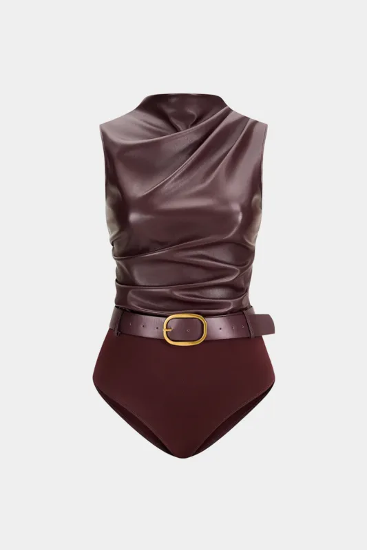 Faux Leather Patchwork Ruched Sleeveless Bodysuit sold by Micas