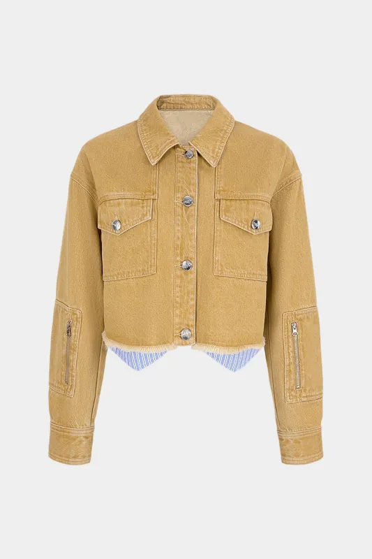 Denim Patchwork Button Frayed Pocket Long Sleeve Shirt sold by Micas