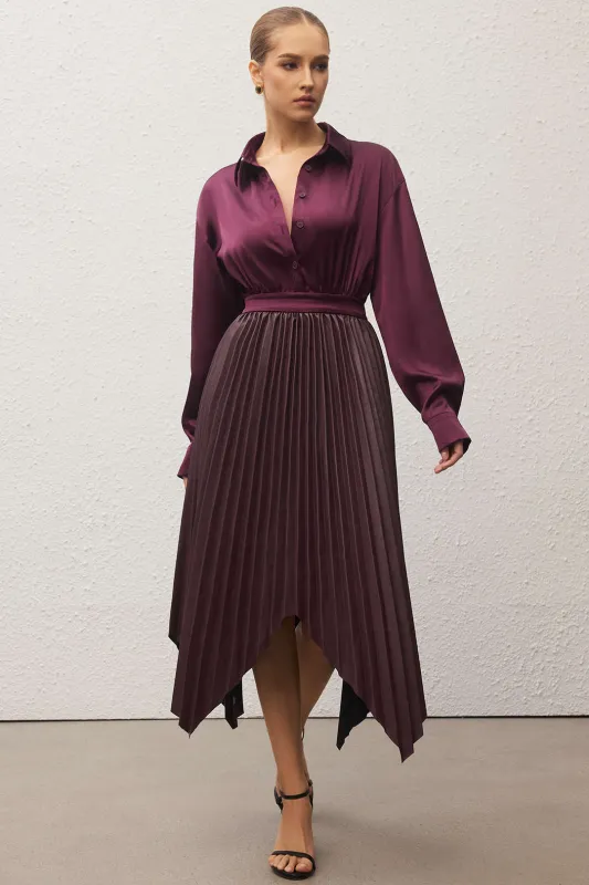 Satin Patchwork Button Pleated Long Sleeve Midi Dress sold by Micas