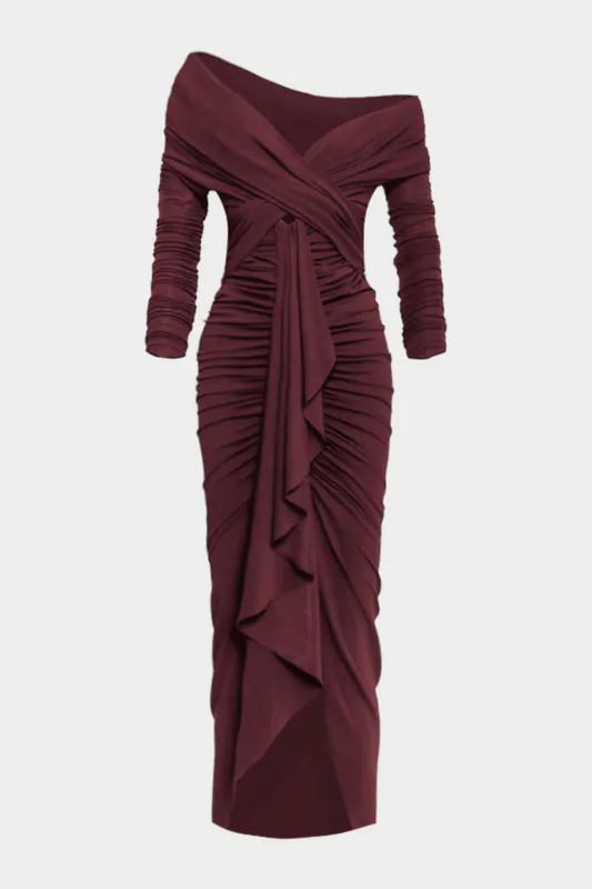 Asymmetrical Neck Ruched Ruffle Long Sleeve Maxi Dress sold by Micas