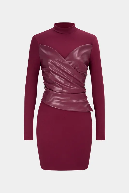 Mock Neck Faux Leather Patchwork Ruched Asymmetrical Long Sleeve Midi Dress sold by Micas