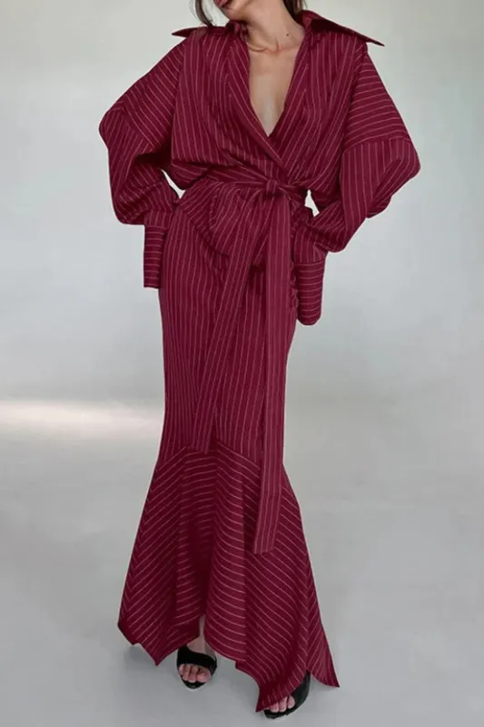 Stripes Print V-Neck Belted Top And Irregular Hem Skirt Set made by Micas