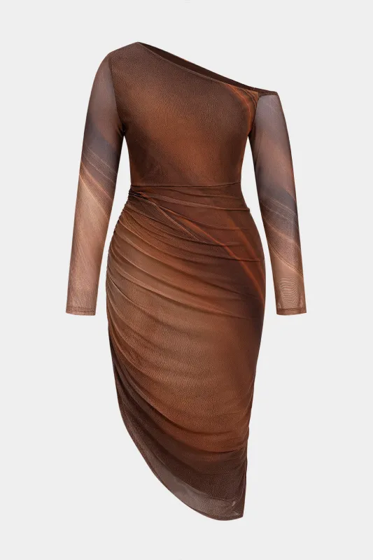 Plus Size Abstract Print Mesh Ruched Asymmetrical Long Sleeve Midi Dress sold by Micas