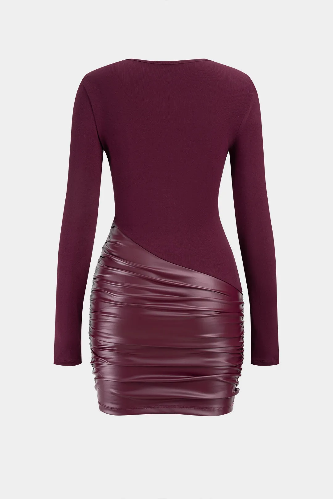 Faux Leather Patchwork Round Neck Ruched Long Sleeve Mini Dress sold by Micas product image thumbnail 2