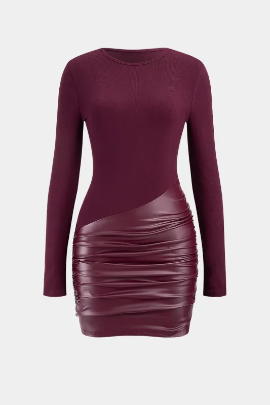 Faux Leather Patchwork Round Neck Ruched Long Sleeve Mini Dress sold by Micas
