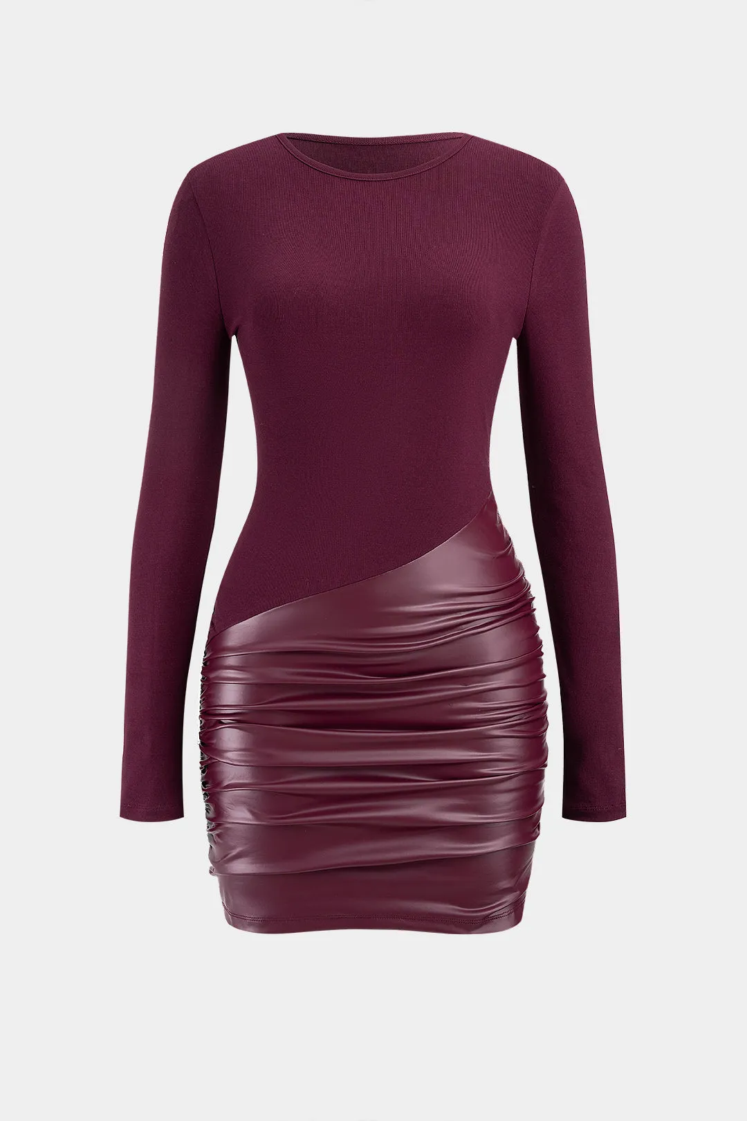 Faux Leather Patchwork Round Neck Ruched Long Sleeve Mini Dress sold by Micas