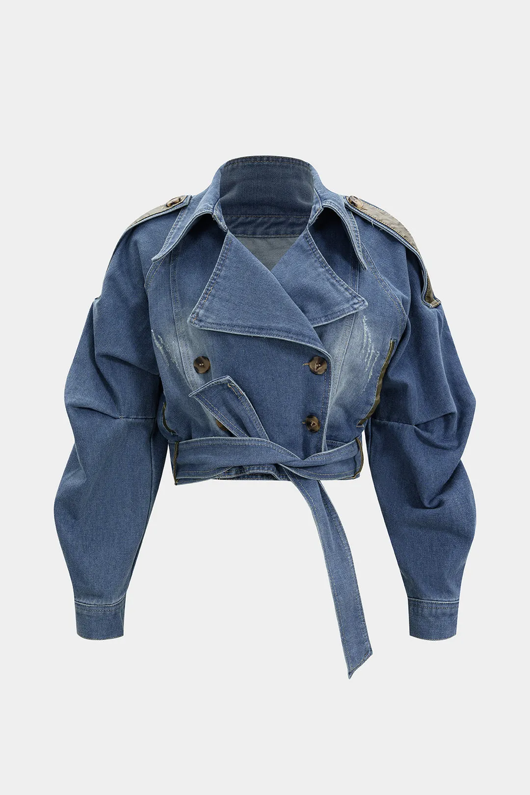 Denim Patchwork Distressed Belted Outerwear sold by Micas