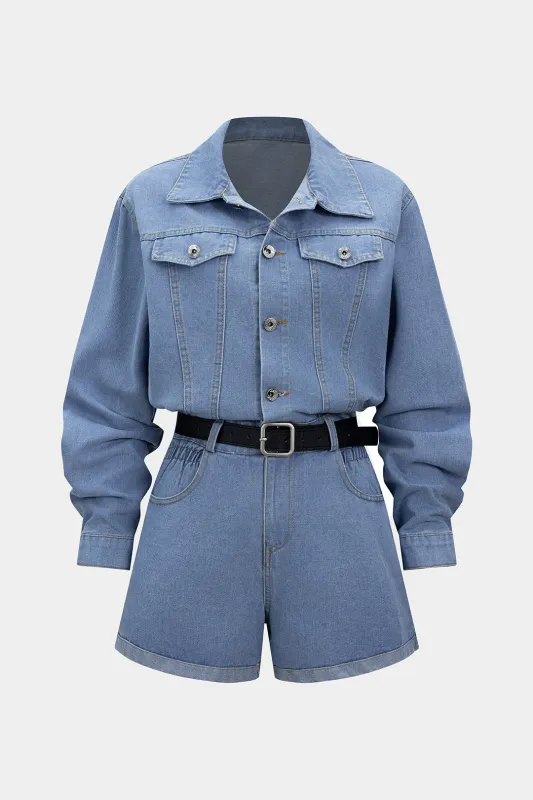 Denim Button Belted Long Sleeve Romper sold by Micas