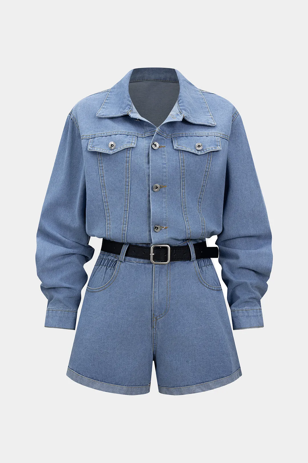 Denim Button Belted Long Sleeve Romper sold by Micas