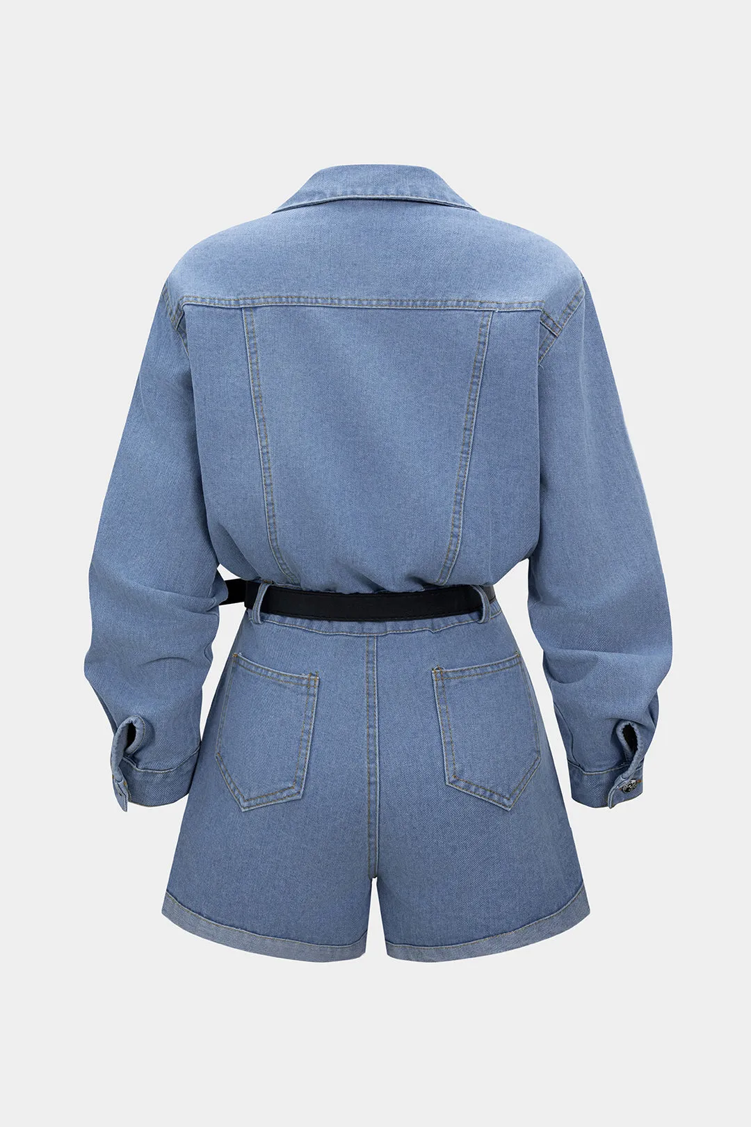Denim Button Belted Long Sleeve Romper sold by Micas product image thumbnail 2