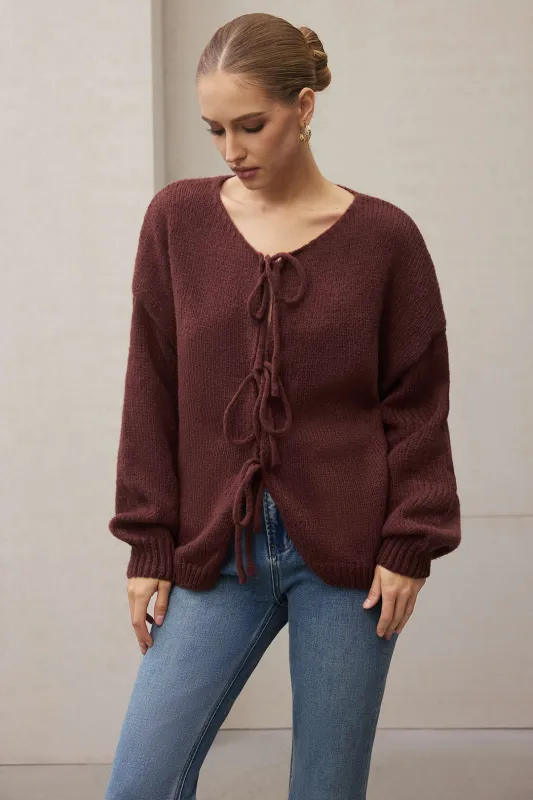 Knit Round Neck Tie-Up Cardigan sold by Micas