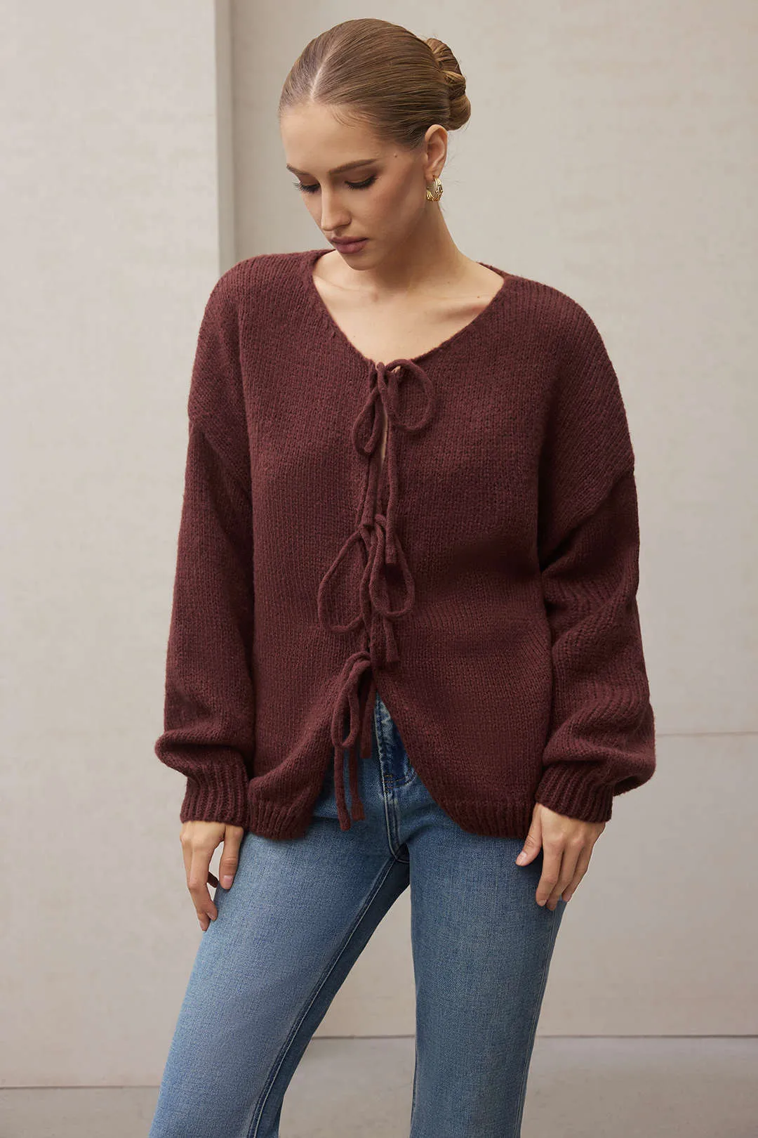 Knit Round Neck Tie-Up Cardigan sold by Micas