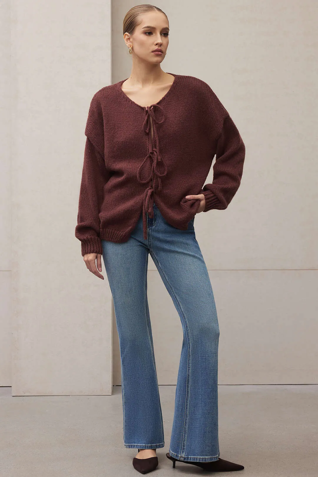 Knit Round Neck Tie-Up Cardigan sold by Micas product image thumbnail 3