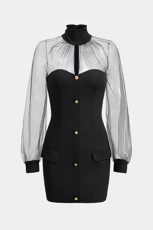 Mesh Patchwork High Neck Long Sleeve Mini Dress sold by Micas