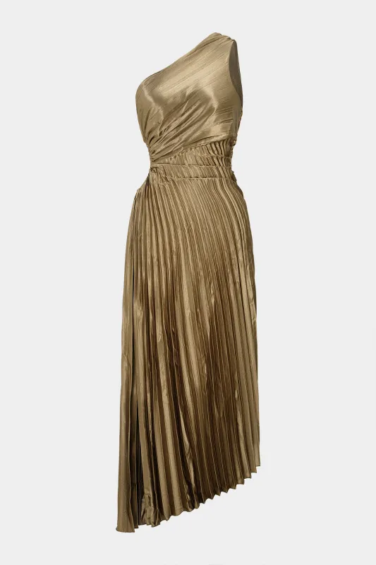 Satin One Shoulder Cut Out Ruched Sleeveless Maxi Dress sold by Micas