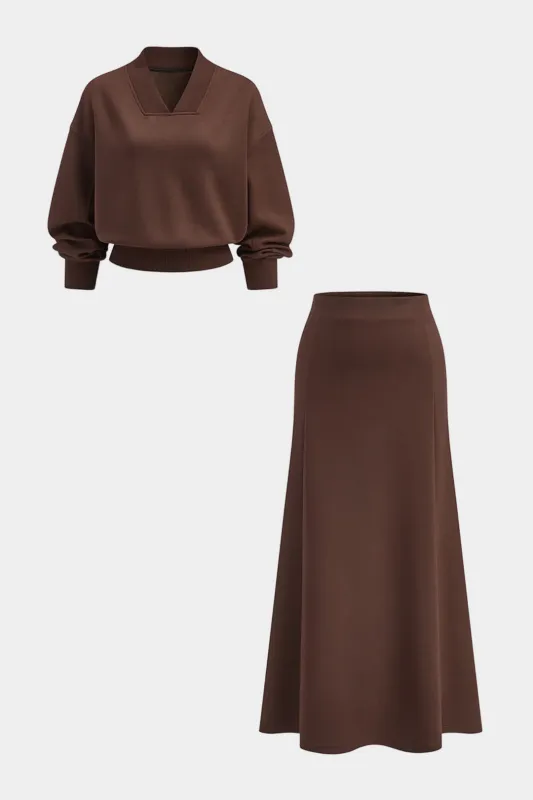 Solid V-Neck Long-Sleeve Top And Skirt Set sold by Micas