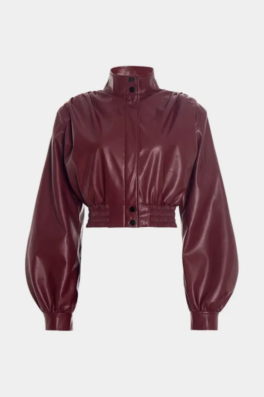 Faux Leather Smocked Button Zipper Jacket sold by Micas