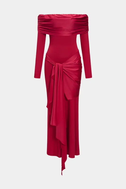 Off Shoulder Ruched Knotted Long-Sleeve Maxi Dress sold by Micas