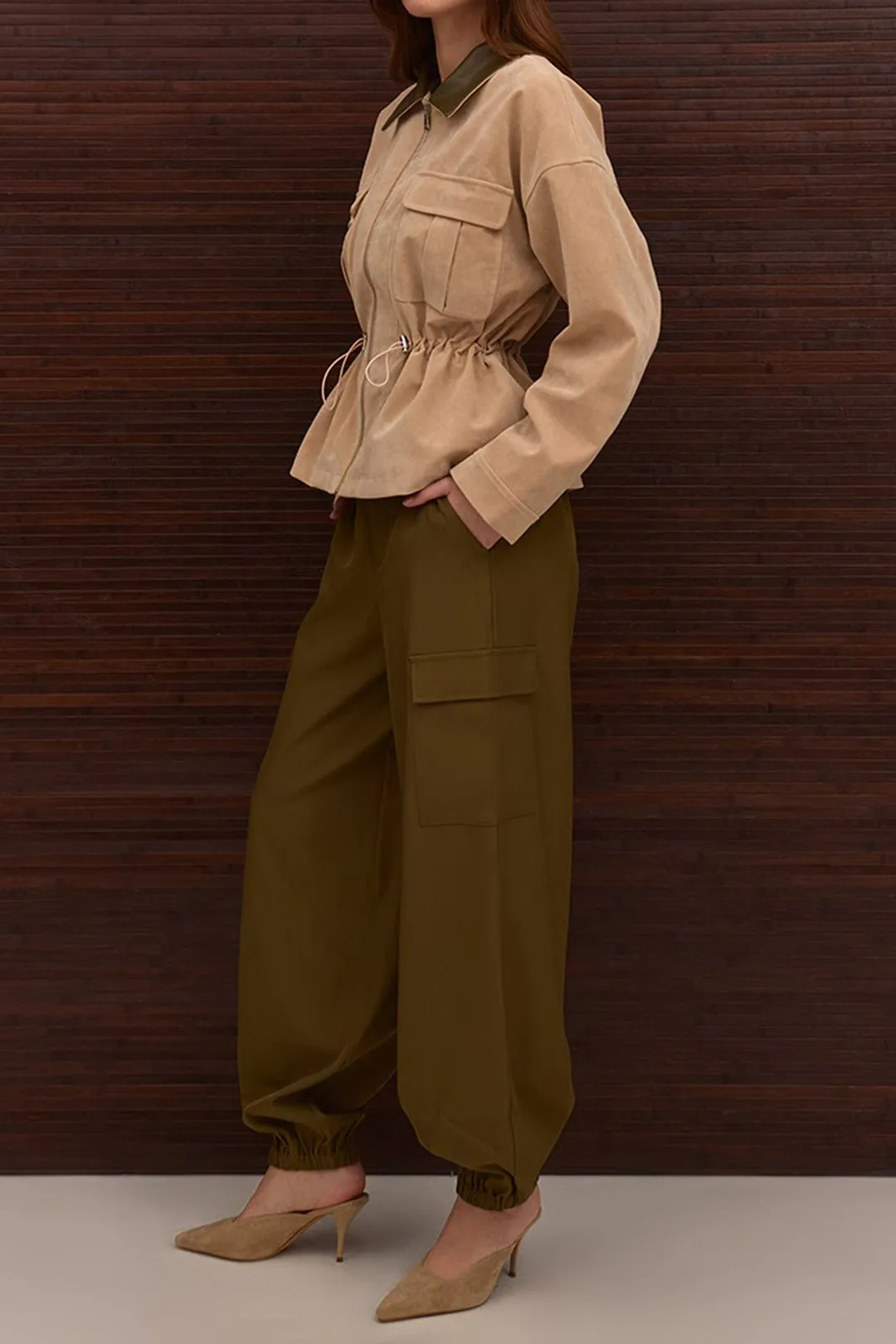 Suede Patchwork Faux Leather Drawstring Jacket sold by Micas product image thumbnail 2