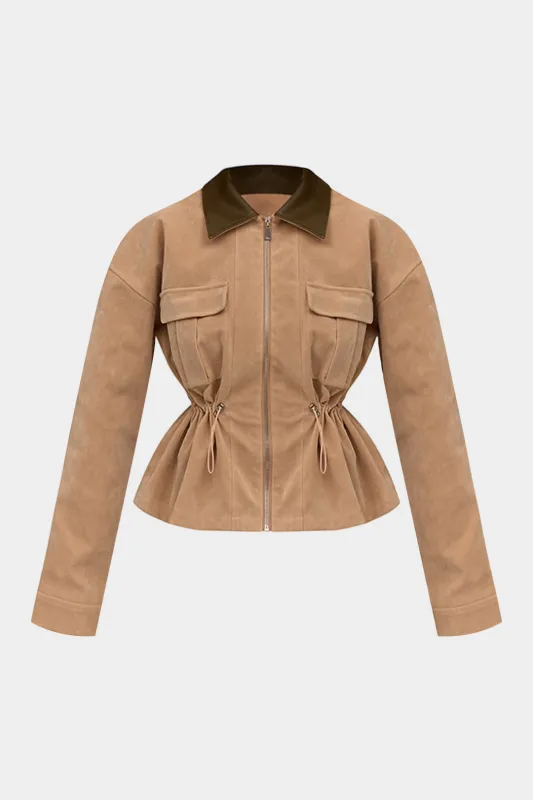 Suede Patchwork Faux Leather Drawstring Jacket sold by Micas