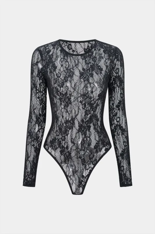 Floral Embroidery Lace Round Neck Long Sleeve Bodysuit sold by Micas