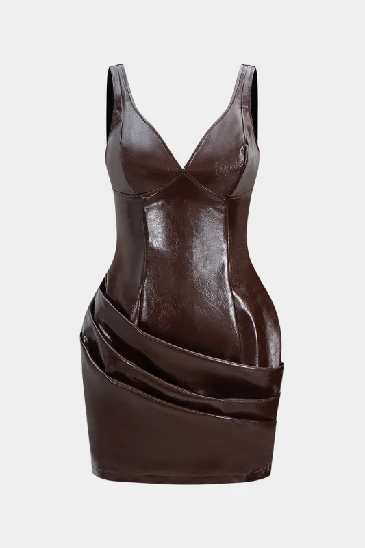 Faux Leather Asymmetrical Pleated Sleeveless Mini Dress sold by Micas