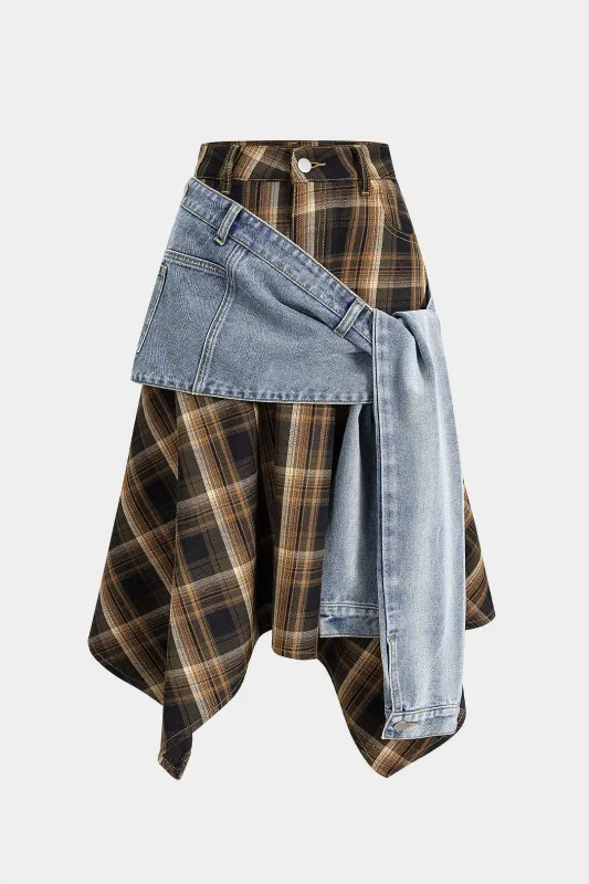 Plaid Print Denim Patchwork Zipper Skirt sold by Micas