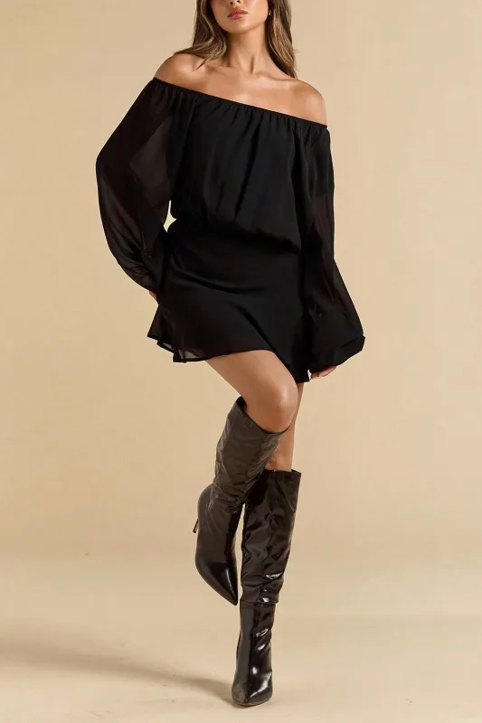 Off Shoulder Mesh Ruched Long Sleeve Mini Dress sold by Micas