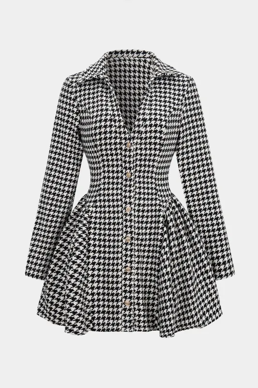 Houndstooth Print Button Ruched V-Neck Long Sleeve Mini Dress sold by Micas