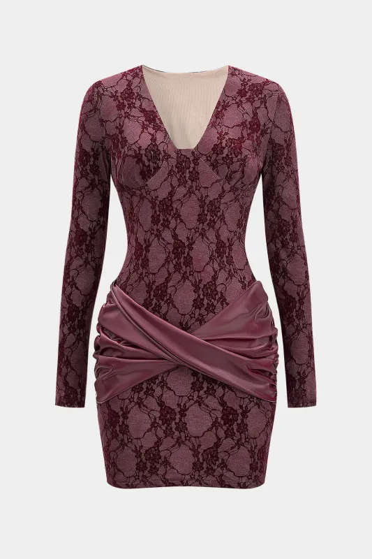 Lace Patchwork Faux Leather Ruched V-Neck Long Sleeve Mini Dress sold by Micas