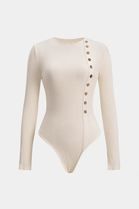 Texture Button Round Neck Long Sleeve Bodysuit sold by Micas