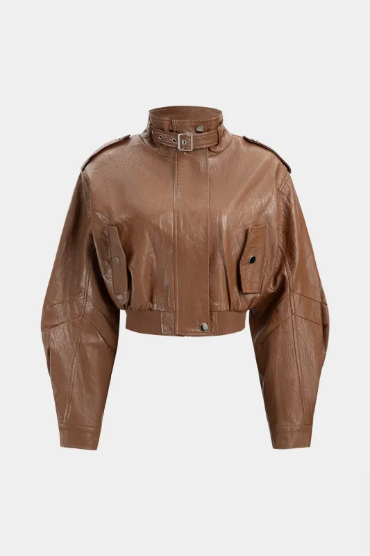 Faux Leather Stand Collar Cropped Jacket sold by Micas
