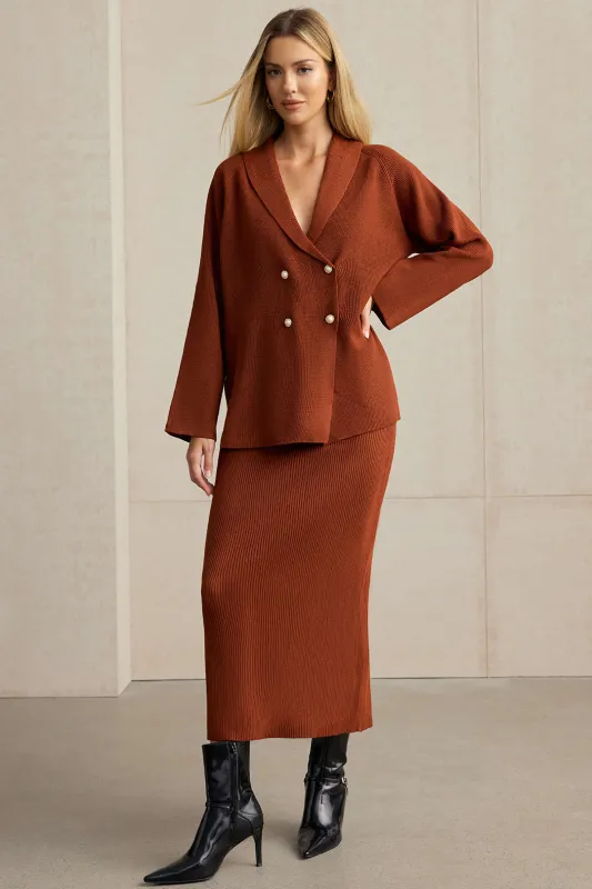 Knit Double-Breasted Lapel Cardigan And Skirt Set sold by Micas