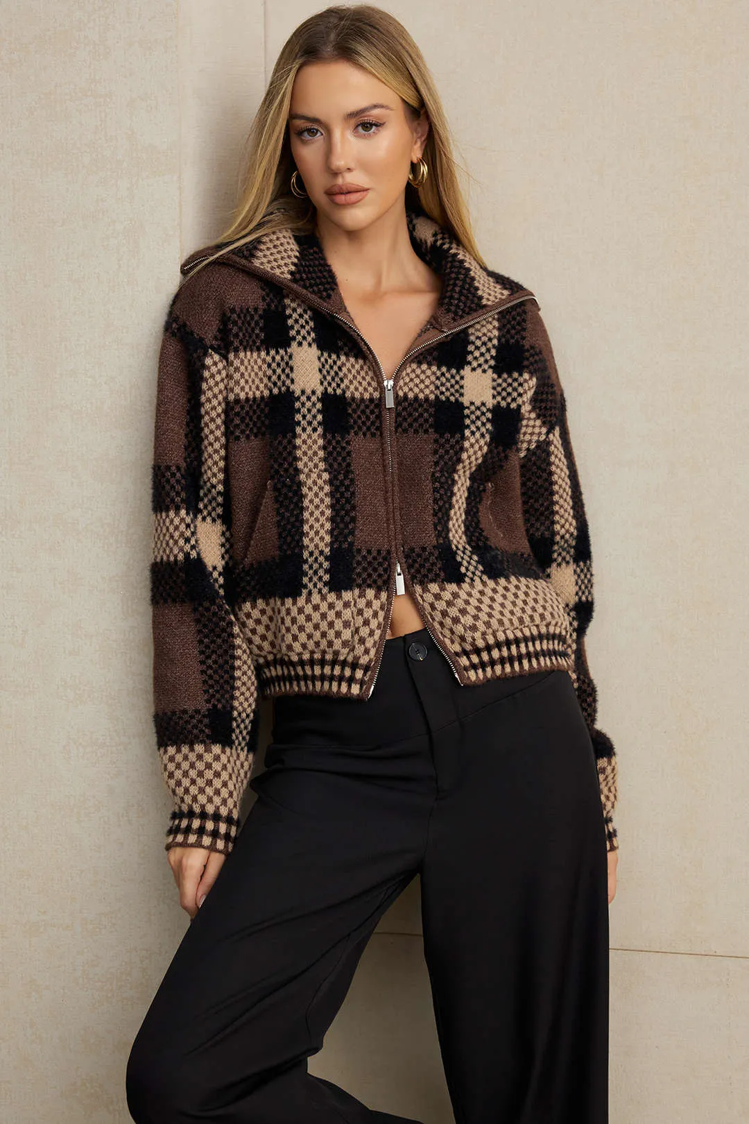 Knit Plaid Print Zipper Sweater Cardigan sold by Micas product image thumbnail 4