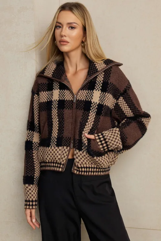 Knit Plaid Print Zipper Sweater Cardigan made by Micas