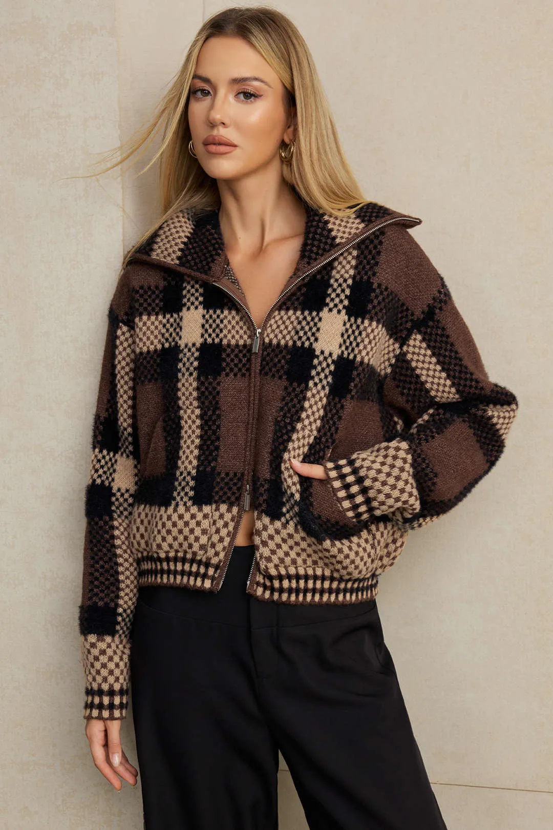 Knit Plaid Print Zipper Sweater Cardigan sold by Micas