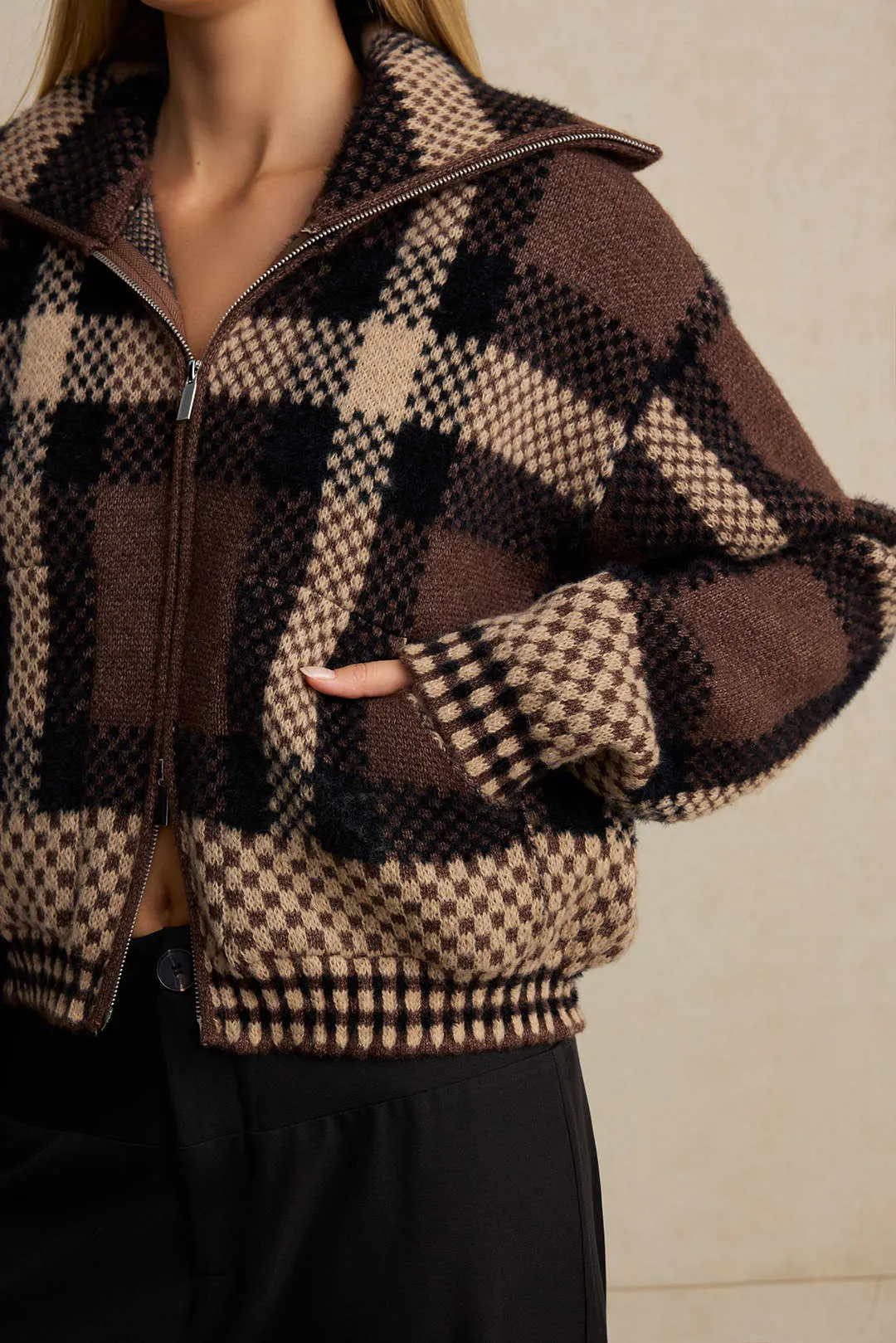 Knit Plaid Print Zipper Sweater Cardigan sold by Micas product image thumbnail 5