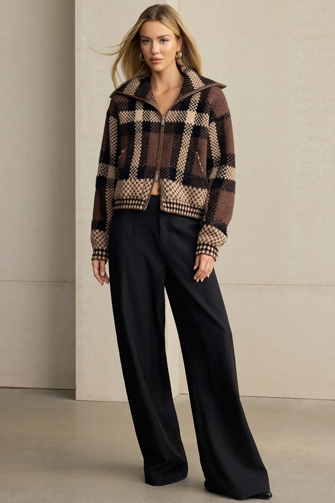 Knit Plaid Print Zipper Sweater Cardigan sold by Micas product image thumbnail 2