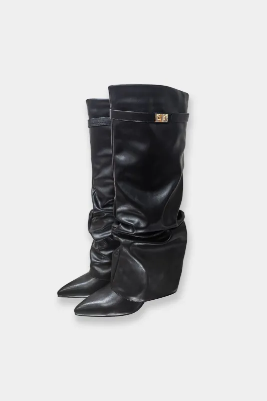 Leather Ruched Pointed Knee High Boots sold by Micas