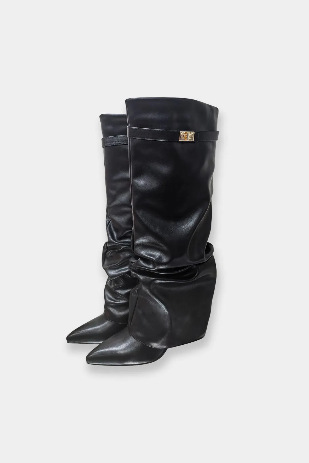 Leather Ruched Pointed Knee High Boots sold by Micas