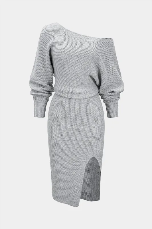 Knit Off-Shoulder Ribbed Side Slit Long Sleeve Dress sold by Micas