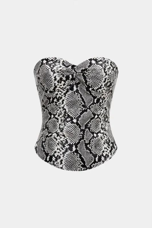 Snake Skin Print Faux Leather Zipper Strapless Tube Top made by Micas