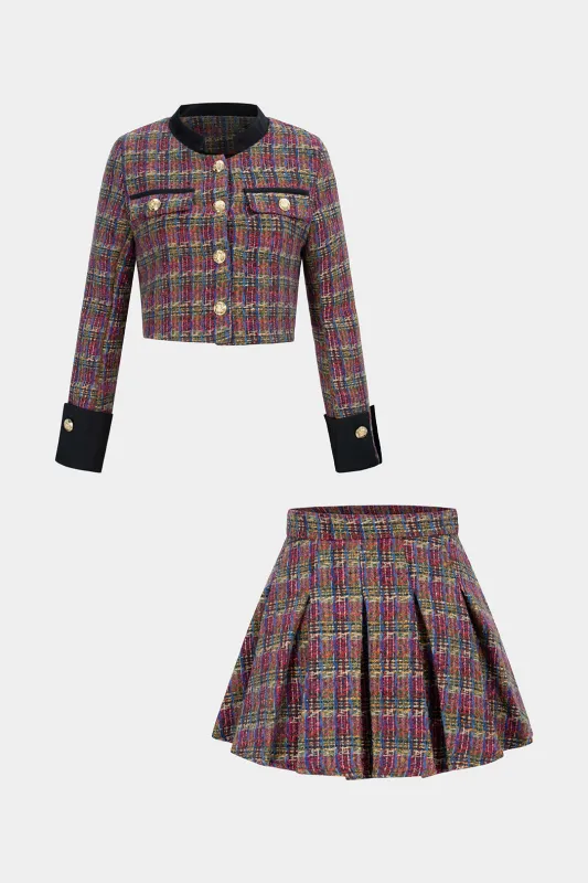 Tweed Patchwork Button Pockets Jacket And Pleated Mini Skirt Set sold by Micas